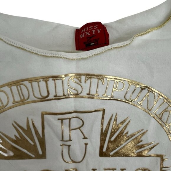 Miss Sixty Vtg Y2K Baby Tee M Italian Runaway Monks Budduist Punk Cross Wings - Picture 5 of 12